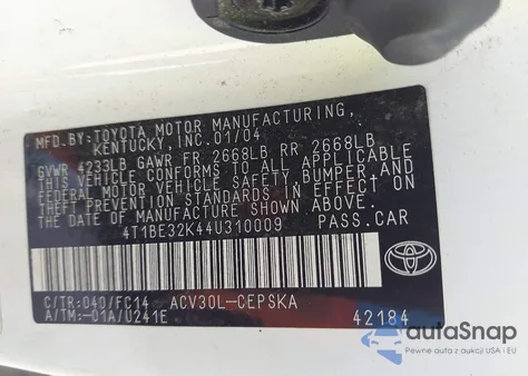 2004 Toyota Camry Se from USA, damaged, VIN 4T1BE32K44U310009